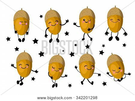 Acorn. Walnut With Oak Character. Cute Cartoon Acorn With Arms And Legs. Set Of Nuts Isolated On A W