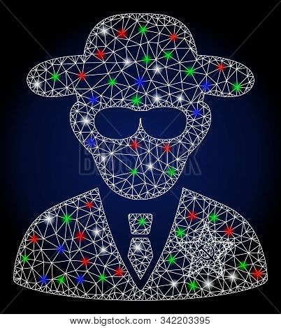 Flare White Mesh Kgb Spy With Glow Effect. Abstract Illuminated Model Of Kgb Spy. Shiny Wire Frame P