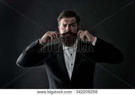 Proud Of His Moustache. Brutal Hipster Twirl Moustache. Serious Guy Wear Long Beard And Moustache. B