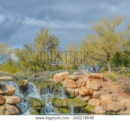 Water Fall At Anthem In The Sonoran Desert, Maricopa County, Arizona Usa