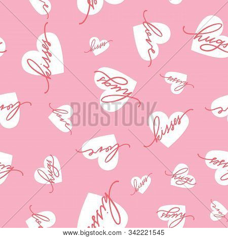 Vector White Hearts With Pink Lettering Seamless Background. Great For Valentines Day, Gift Wrapping