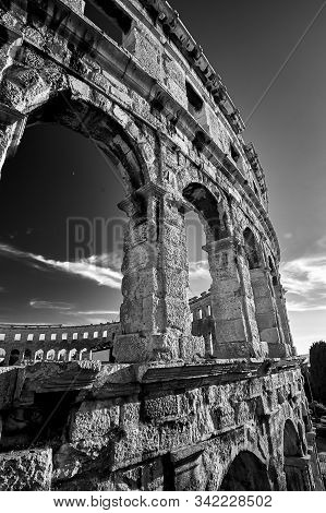 Roman Temple Colloseum Amphitheatre In Pula Croatia Black And White Photography