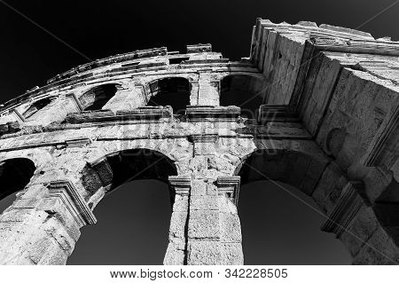 Roman Temple Colloseum Amphitheatre In Pula Croatia Black And White Photography