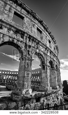 Roman Temple Colloseum Amphitheatre In Pula Croatia Black And White Photography