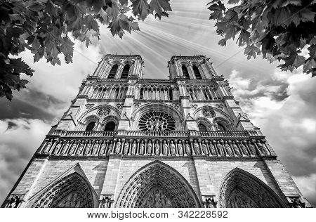 Notre Dame In Paris France. Notre Dame Cathedral With Beautiful Gothic Architecture Black And White 