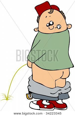 Mały chłopiec sika na ziemi