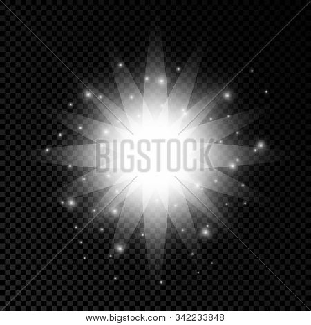 Light Effect Of Lens Flares. White Glowing Lights Starburst Effects With Sparkles On A Transparent B