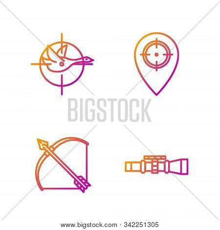 Set Line Sniper Optical Sight, Bow And Arrow In Quiver, Hunt On Duck With Crosshairs And Hunt Place.