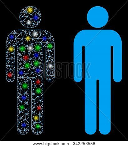 Glowing Mesh Man Icon With Lightspot Effect. Abstract Illuminated Model Of Man. Shiny Wire Carcass T