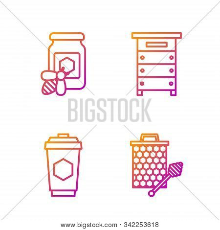 Set Line Honeycomb With Honey Dipper Stickicon, Cup Of Tea With Honey, Jar Of Honey With Bee And Hiv