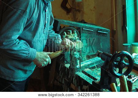 Hjarl Hede, Denmark - December 2018. A 19th Century Village. Man Makes Toys Out Of Wood