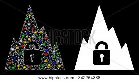 Glossy Mesh Locked Tunnel Icon With Sparkle Effect. Abstract Illuminated Model Of Locked Tunnel. Shi