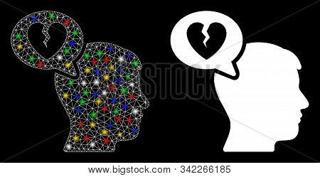 Glossy Mesh Divorce Thinking Man Icon With Glow Effect. Abstract Illuminated Model Of Divorce Thinki