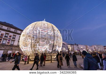 A Coruna, Spain. Dec 2012: Huge Christmas Ball Lights For Christmas At Waterfront La Marina