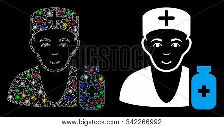 Glowing Mesh Apothecary Doctor Icon With Glare Effect. Abstract Illuminated Model Of Apothecary Doct
