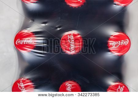 Moscow, Russia - December 25, 2019: Top View Of Package Of Coca-cola Glass Bottles. Coca-cola (coke)