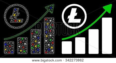 Glossy Mesh Litecoin Growing Graph Trend Icon With Lightspot Effect. Abstract Illuminated Model Of L
