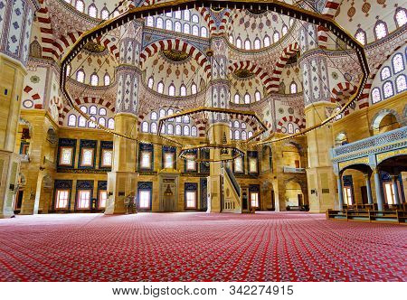 Adana, Turkey, 08.20.2014: The Largest Turkeys Sabanci Central Mosque Interior Inside, Walls, Staine