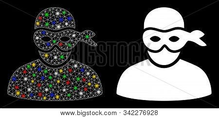 Glossy Mesh Anonimious Thief Icon With Lightspot Effect. Abstract Illuminated Model Of Anonimious Th