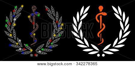 Glowing Mesh Healh Care Emblem Icon With Glow Effect. Abstract Illuminated Model Of Healh Care Emble