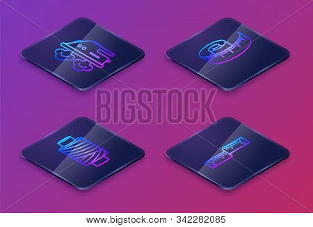 Set Isometric Line Electric Iron, Sewing Thread On Spool, Tape Measure And Tape Measure. Blue Square