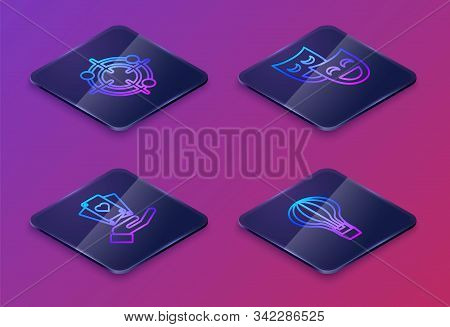 Set Isometric Line Target Sport For Shooting Competition, Hand Holding Playing Cards, Comedy Theatri
