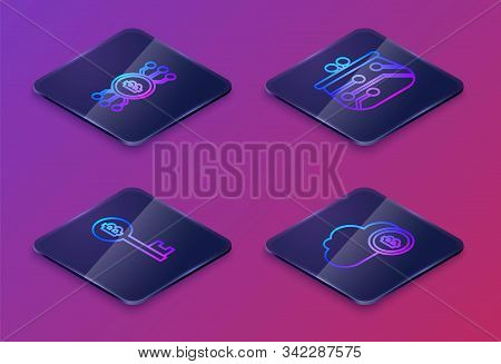 Set Isometric Line Cryptocurrency Bitcoin In Circle With Microchip Circuit, Cryptocurrency Bitcoin K