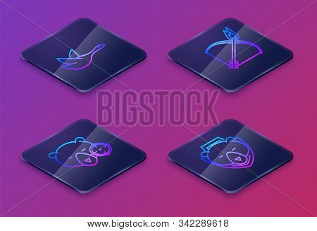 Set Isometric Line Flying Duck, Hunt On Bear With Crosshairs, Bow And Fire Arrow And Bear Head On Sh