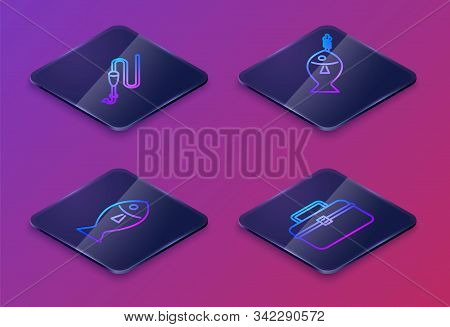 Set Isometric Line Fishing Line With Hook And Float, Fish, Fish On Hook And Case Or Box Container Fo