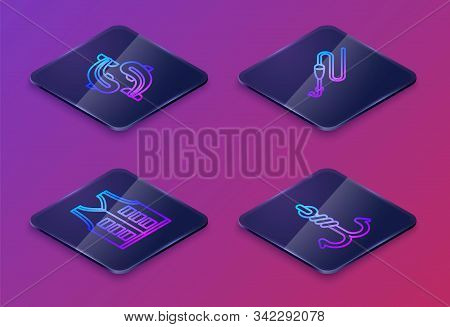 Set Isometric Line Fish, Fishing Jacket, Fishing Line With Hook And Float And Fishing Hook. Blue Squ