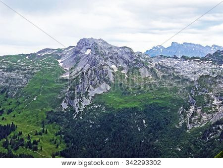 Alpine Mountain Mutteristock Above The Wagital Or Waegital Valley And Alpine Lake Wagitalersee (waeg