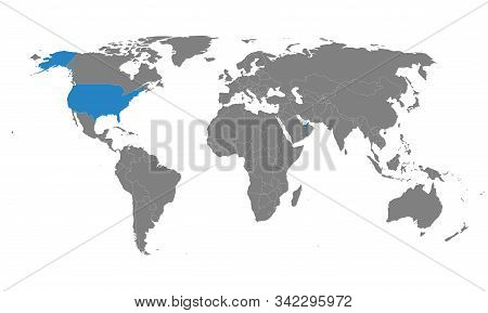 Uae, Usa Map Marked Blue On World Map. Gray Background. Perfect For Backgrounds, Backdrop, Business 