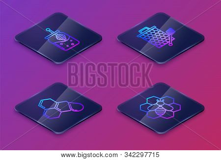 Set Isometric Line Jar Of Honey And Honey Dipper Stick, Honeycomb, Honeycomb With Honey Dipper Stick