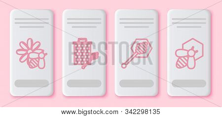 Set Line Bee And Flower, Honeycomb With Honey Dipper Stickicon, Honey Dipper Stick And Bee And Honey