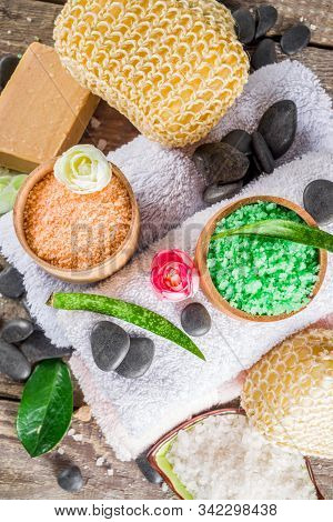 Bodycare Organic Cosmetics. Spa Setting With Basic Hygiene Treatment - Sea Salt, Washcloth And Natur
