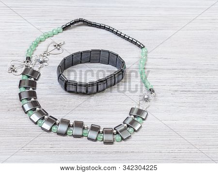 Needlecraft Background - Handcrafted Necklace From Green Jade, Black Hematite And Silver Beads And H