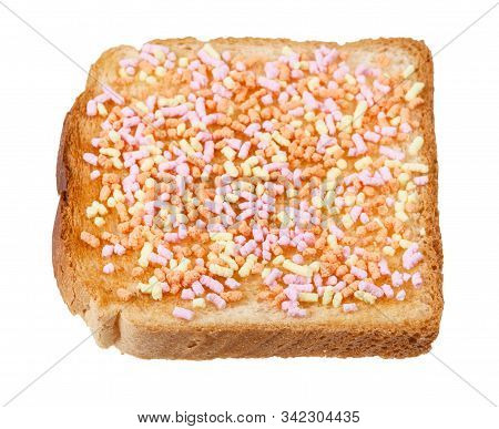 Dutch Sweet Open Sandwich With Toast And Fruithails (sugar Topping Sprinkles) Isolated On White Back