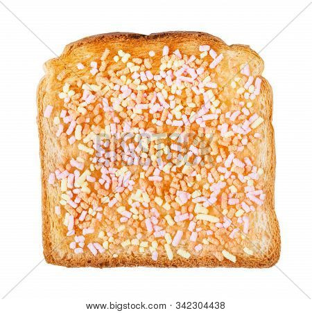 Top View Of Dutch Sweet Open Sandwich With Toast And Fruithails (sugar Topping Sprinkles) Isolated O