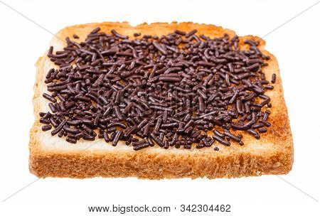 Dutch Sweet Open Sandwich With Toast And Hagelslag (topping From Chocolate Sprinkles) Isolated On Wh
