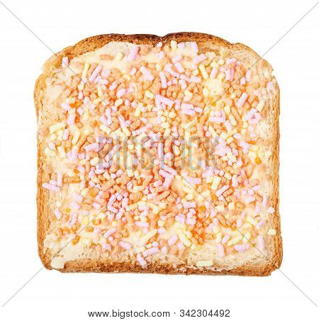 Top View Of Dutch Sweet Toast With Butter And Fruithails (sugar Topping Sprinkles) Isolated On White