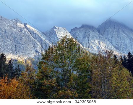 Fresh Snow Over The Peaks At Eibsee In Bavaria, Germany