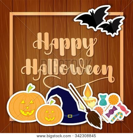 Happy Halloween. Vector Illustration With Hand Written Lettering, Pumpkins, Hat, Broom, Candle, Cand