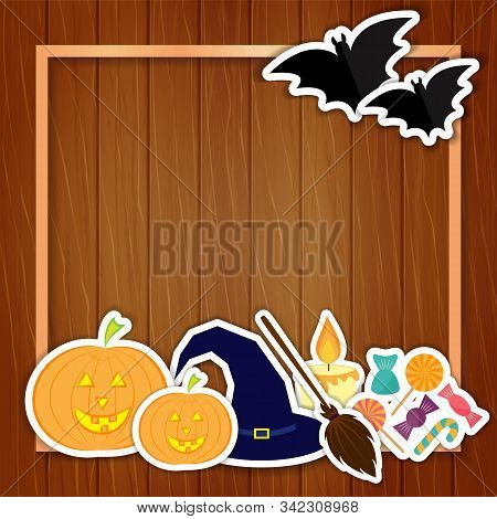 Halloween. Illustration With Pumpkins, Hat, Broom, Candle, Candies And Bats. Template For Greeting C