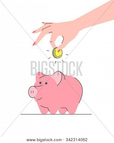 Donation Concept. Flat Linear Vector Illustration. Female Hand Puts Golden Coin In Cute Pink Piggy B
