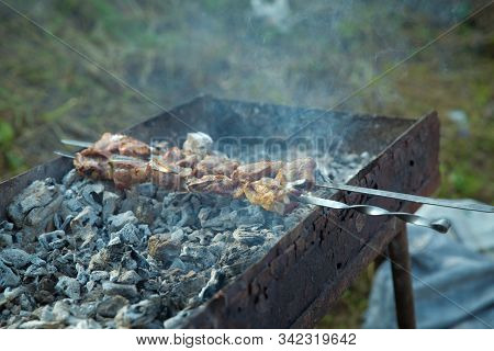 Appetizing Lula Kebab Grilled On Metal Skewer. Hand And Swallow Kebab Swab. Shish Kebab On A Metal S