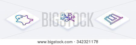 Set Isometric Line Ghost, Fireworks And Swing. White Square Button. Vector