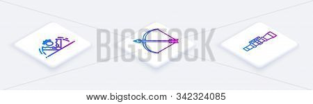 Set Isometric Line Trap Hunting, Bow And Arrow In Quiver And Sniper Optical Sight. White Square Butt