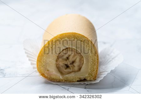 Swiss Banana Roll Cake Sponge / Rolled Or Roulade Cake Ready To Eat.
