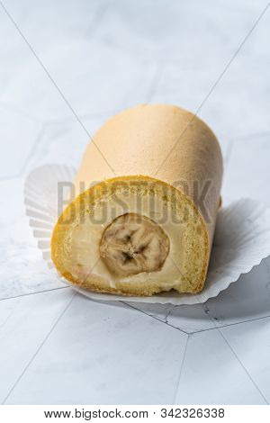 Swiss Banana Roll Cake Sponge / Rolled Or Roulade Cake Ready To Eat.