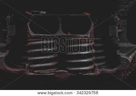 Old, Rusty Train Springs. Closeup Photo.